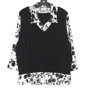 Layered Sweater Vest Top Floral Black White Plus Size 1X Preppy Business Casual